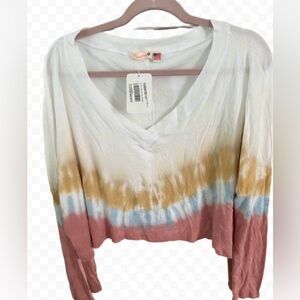 Anthropologie Cropped V Neck Long Sleeve Tie Dye Pink Top Size M BNWT